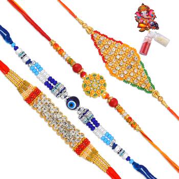 Imitation diamond handmade traditional rakhi for bhaiya bhabhi & children (pack of 4) 2