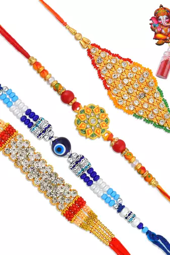 Imitation diamond handmade traditional rakhi for bhaiya bhabhi & children (pack of 4)