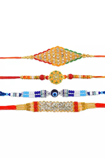 Imitation diamond handmade traditional rakhi for bhaiya bhabhi & children (pack of 4)