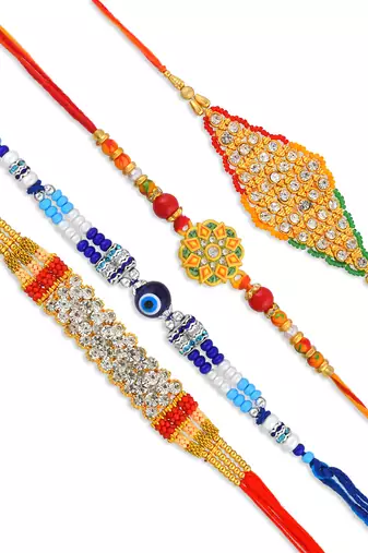 Imitation diamond handmade traditional rakhi for bhaiya bhabhi & children (pack of 4)