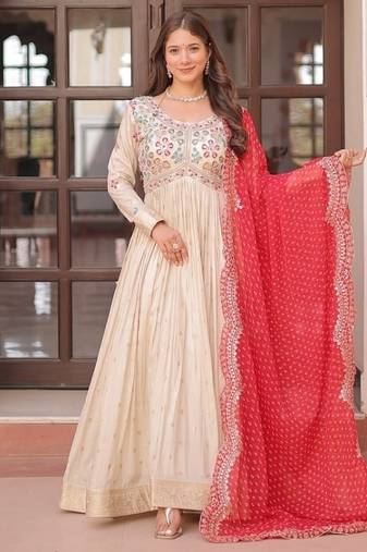 Off white Jacquard weaving with pearl beads embroidered gown dupatta