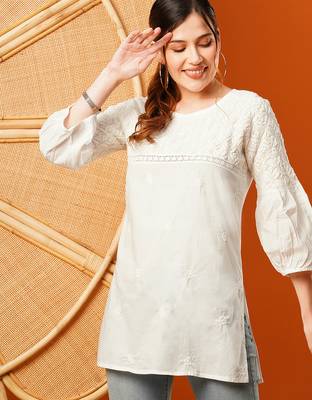 Hand embroidered white cotton lucknowi chikankari short kurti 1