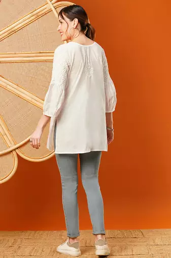 Hand embroidered white cotton lucknowi chikankari short kurti