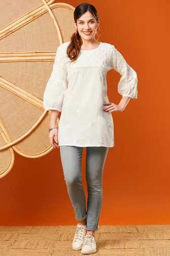 Hand embroidered white cotton lucknowi chikankari short kurti