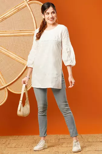 Hand embroidered white cotton lucknowi chikankari short kurti