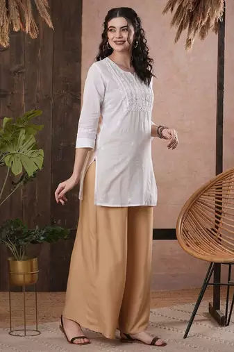 Hand embroidered white cotton lucknowi chikankari short kurti