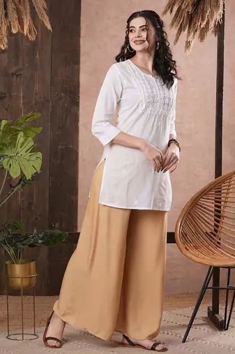 Hand embroidered white cotton lucknowi chikankari short kurti