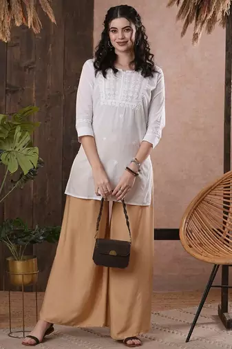 Hand embroidered white cotton lucknowi chikankari short kurti