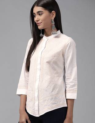 Hand embroidered white cotton lucknowi chikankari shirt 3