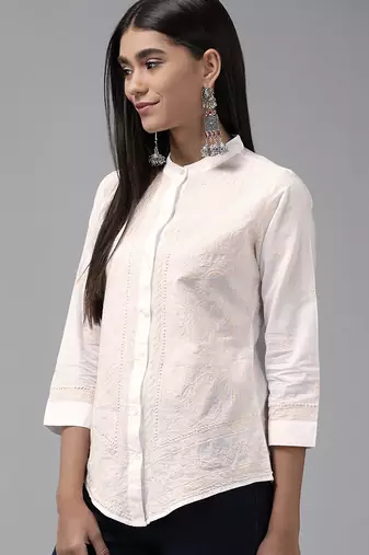 Hand embroidered white cotton lucknowi chikankari shirt