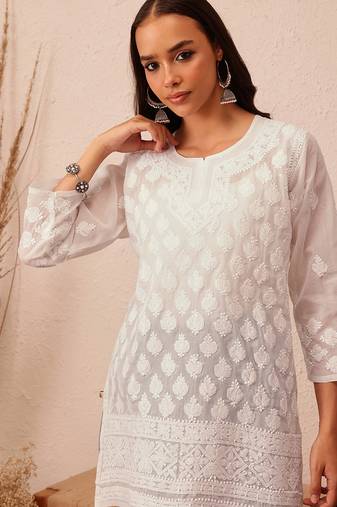 Hand embroidered white cotton lucknowi chikankari short kurti