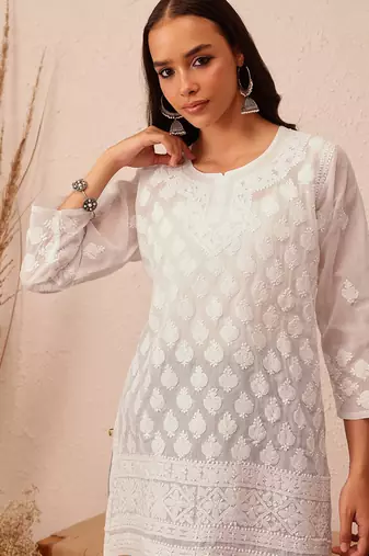 Hand embroidered white cotton lucknowi chikankari short kurti