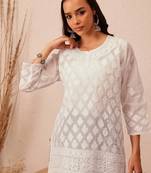 Hand embroidered white cotton lucknowi chikankari short kurti