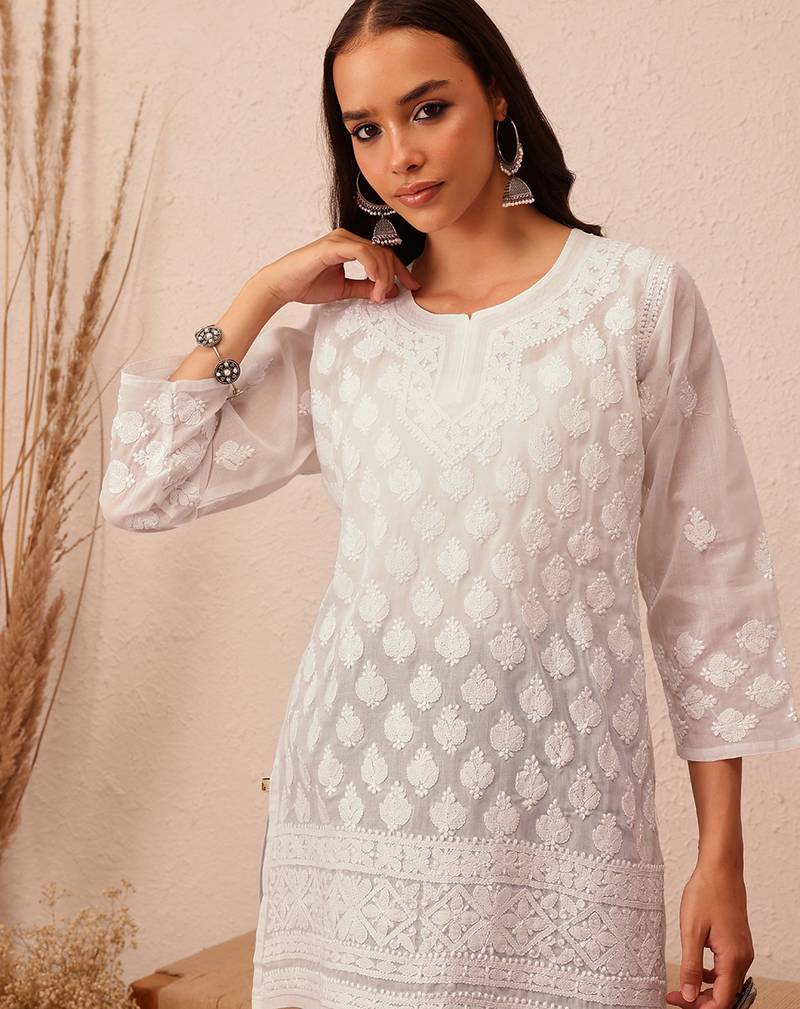 Hand embroidered white cotton lucknowi chikankari short kurti