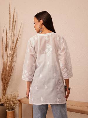 Hand embroidered white cotton lucknowi chikankari short kurti 2