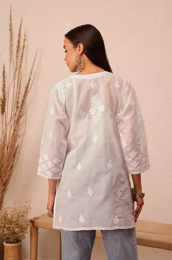 Hand embroidered white cotton lucknowi chikankari short kurti