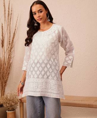 Hand embroidered white cotton lucknowi chikankari short kurti 3