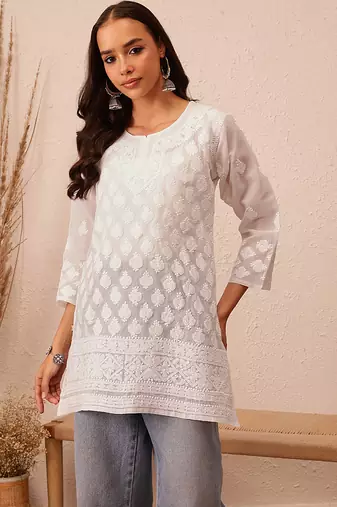 Hand embroidered white cotton lucknowi chikankari short kurti
