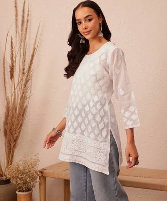 Hand embroidered white cotton lucknowi chikankari short kurti 4