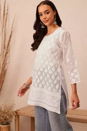 Hand embroidered white cotton lucknowi chikankari short kurti
