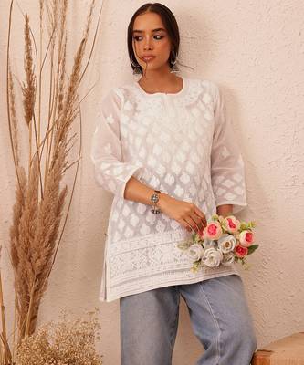 Hand embroidered white cotton lucknowi chikankari short kurti 5