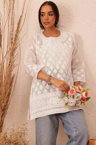 Hand embroidered white cotton lucknowi chikankari short kurti