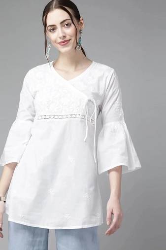 Hand embroidered white cotton angrakha lucknowi chikankari top