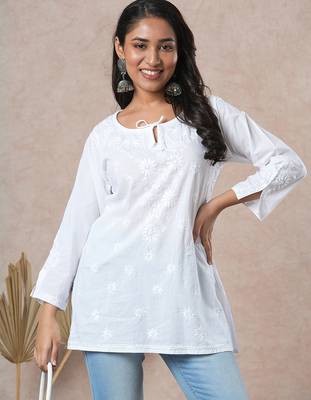 Hand embroidered white cotton lucknowi chikankari straight kurti 1