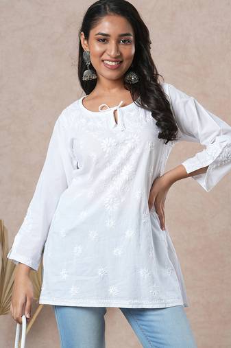 Hand embroidered white cotton lucknowi chikankari straight kurti