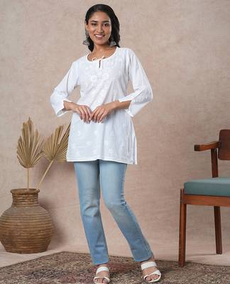Hand embroidered white cotton lucknowi chikankari straight kurti 3