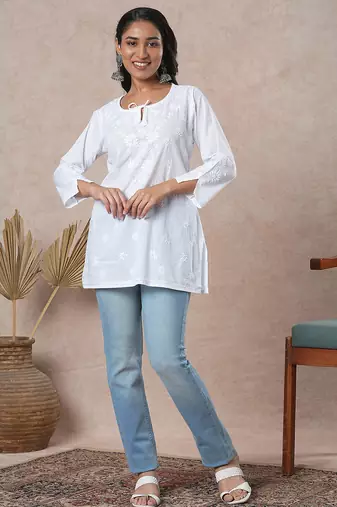 Hand embroidered white cotton lucknowi chikankari straight kurti