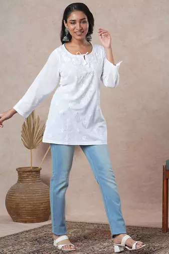 Hand embroidered white cotton lucknowi chikankari straight kurti