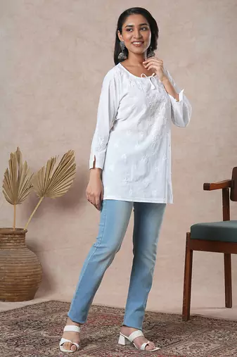 Hand embroidered white cotton lucknowi chikankari straight kurti