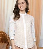 Hand embroidered white cotton lucknowi chikankari shirt