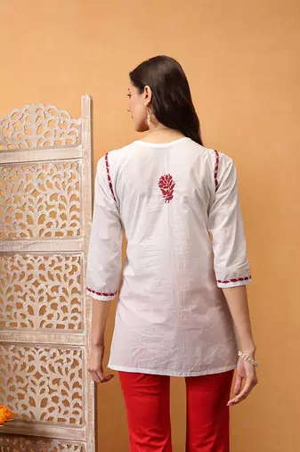Hand embroidered white cotton lucknowi chikankari short kurti