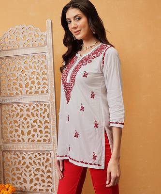 Hand embroidered white cotton lucknowi chikankari short kurti 3