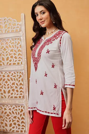 Hand embroidered white cotton lucknowi chikankari short kurti