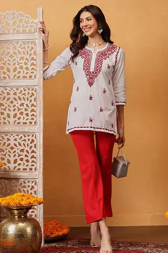 Hand embroidered white cotton lucknowi chikankari short kurti