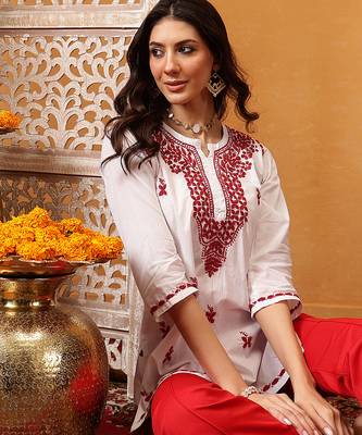 Hand embroidered white cotton lucknowi chikankari short kurti 5