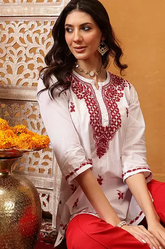 Hand embroidered white cotton lucknowi chikankari short kurti