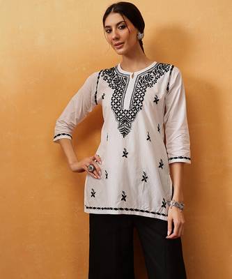 Hand embroidered white cotton lucknowi chikankari short kurti 1