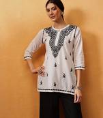 Hand embroidered white cotton lucknowi chikankari short kurti