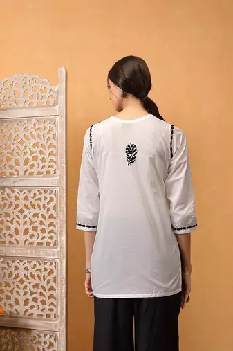 Hand embroidered white cotton lucknowi chikankari short kurti
