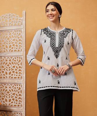 Hand embroidered white cotton lucknowi chikankari short kurti 3
