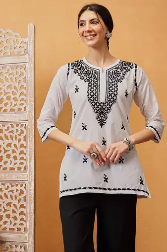 Hand embroidered white cotton lucknowi chikankari short kurti