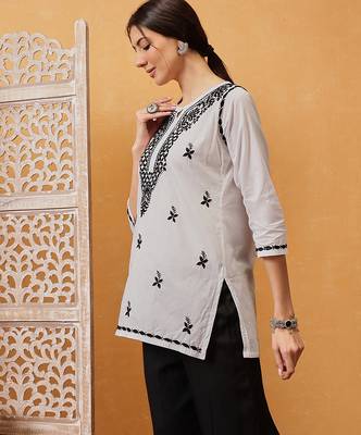 Hand embroidered white cotton lucknowi chikankari short kurti 4