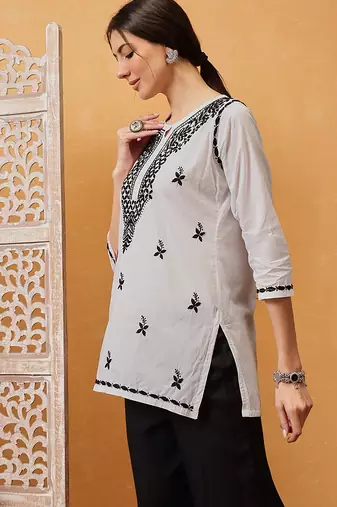 Hand embroidered white cotton lucknowi chikankari short kurti