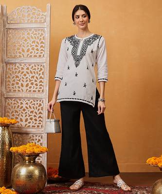 Hand embroidered white cotton lucknowi chikankari short kurti 5