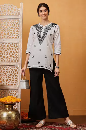 Hand embroidered white cotton lucknowi chikankari short kurti