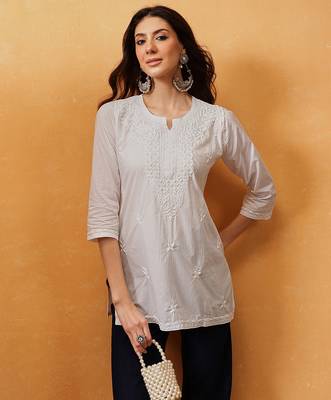 Hand embroidered white cotton lucknowi chikankari short kurti 1